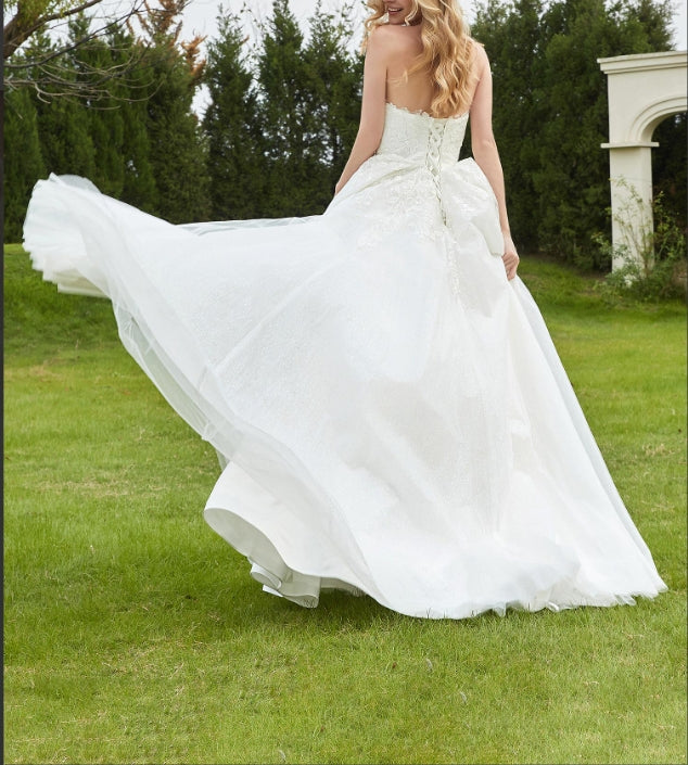Sweetheart Lace Ruched Sweep Train Wedding Dress