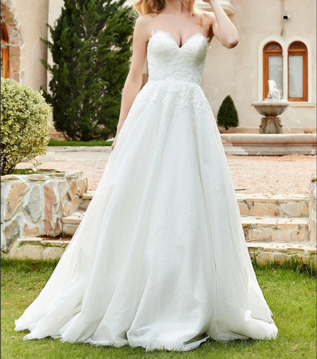 Sweetheart Lace Ruched Sweep Train Wedding Dress