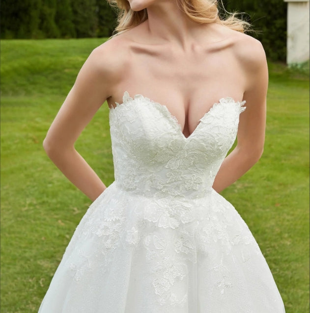 Sweetheart Lace Ruched Sweep Train Wedding Dress