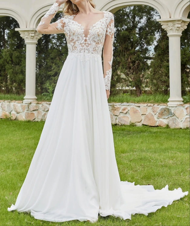 Plunging V-neck Chapel Train Bridal Gown With Buttons