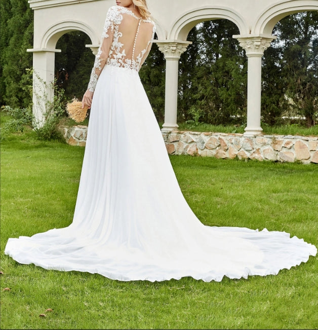 Plunging V-neck Chapel Train Bridal Gown With Buttons