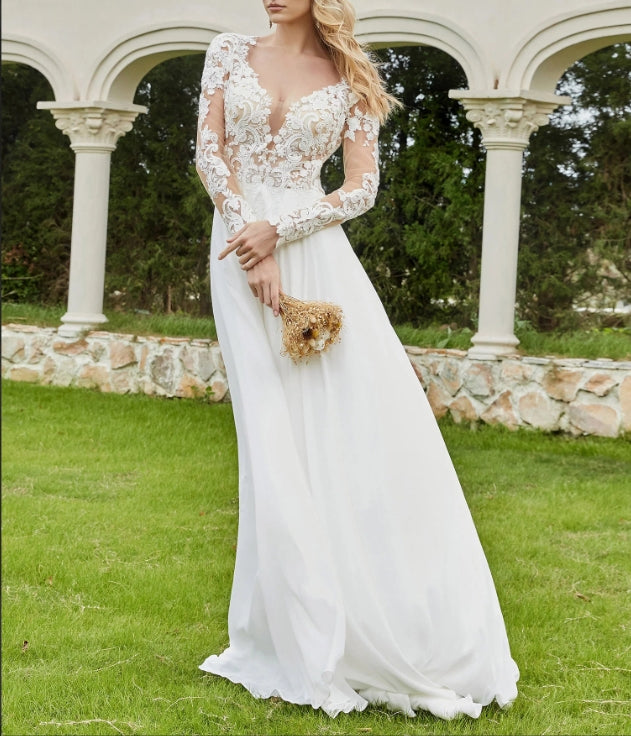 Plunging V-neck Chapel Train Bridal Gown With Buttons