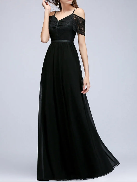 A-line Lace V-Neck Off-the-shoulder Sleeveless Floor-Length Bridesmaid Dresses