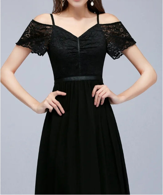 A-line Lace V-Neck Off-the-shoulder Sleeveless Floor-Length Bridesmaid Dresses