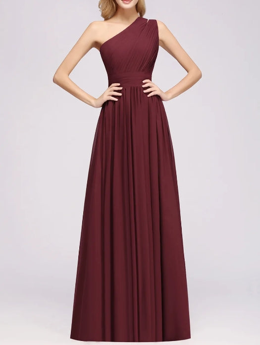 A-Line Burgundy One Shoulder Sleeveless Ruffles Floor-Length Bridesmaid Dresses