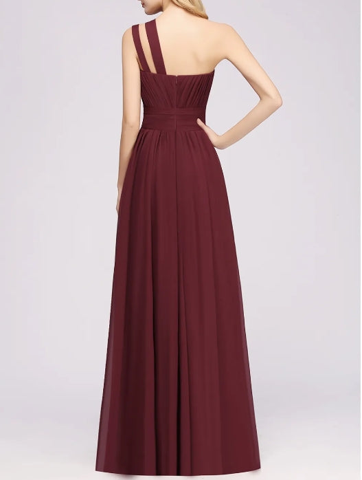 A-Line Burgundy One Shoulder Sleeveless Ruffles Floor-Length Bridesmaid Dresses