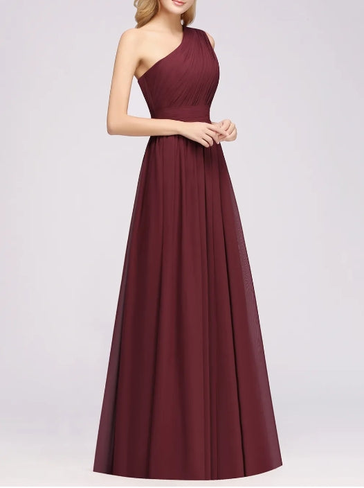 A-Line Burgundy One Shoulder Sleeveless Ruffles Floor-Length Bridesmaid Dresses