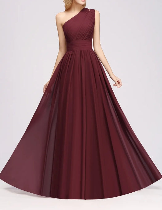 A-Line Burgundy One Shoulder Sleeveless Ruffles Floor-Length Bridesmaid Dresses