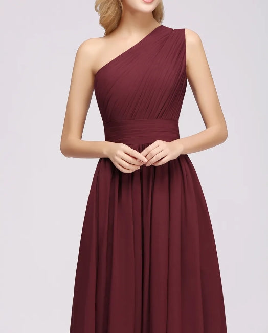 A-Line Burgundy One Shoulder Sleeveless Ruffles Floor-Length Bridesmaid Dresses