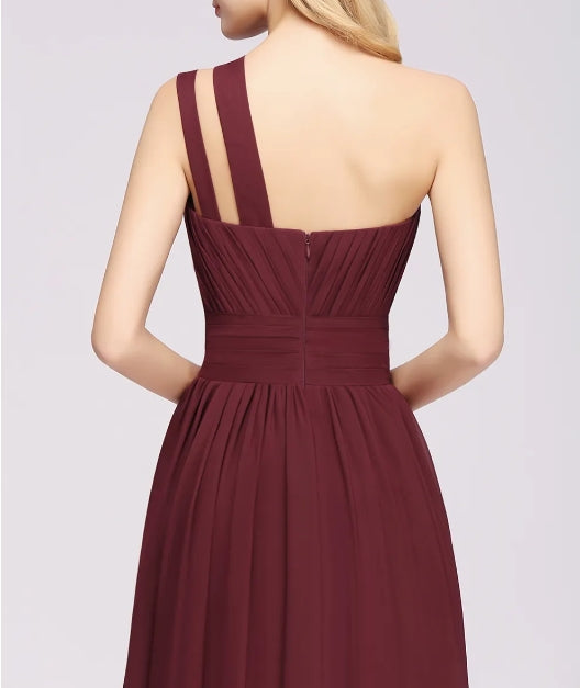 A-Line Burgundy One Shoulder Sleeveless Ruffles Floor-Length Bridesmaid Dresses