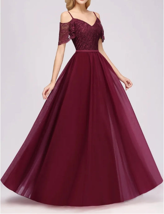 A-Line Lace Sweetheart Spaghetti Straps Floor-Length Bridesmaid Dresses with
