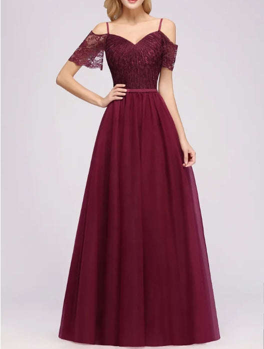 A-Line Lace Sweetheart Spaghetti Straps Floor-Length Bridesmaid Dresses with