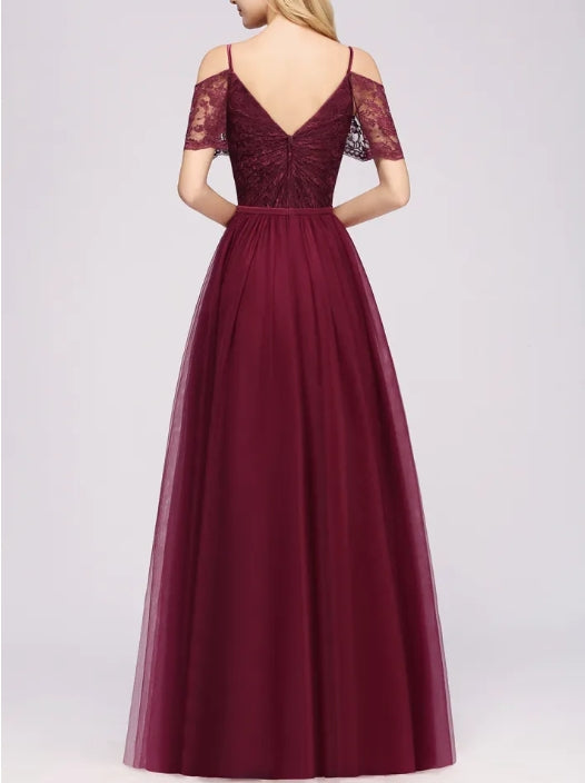 A-Line Lace Sweetheart Spaghetti Straps Floor-Length Bridesmaid Dresses with