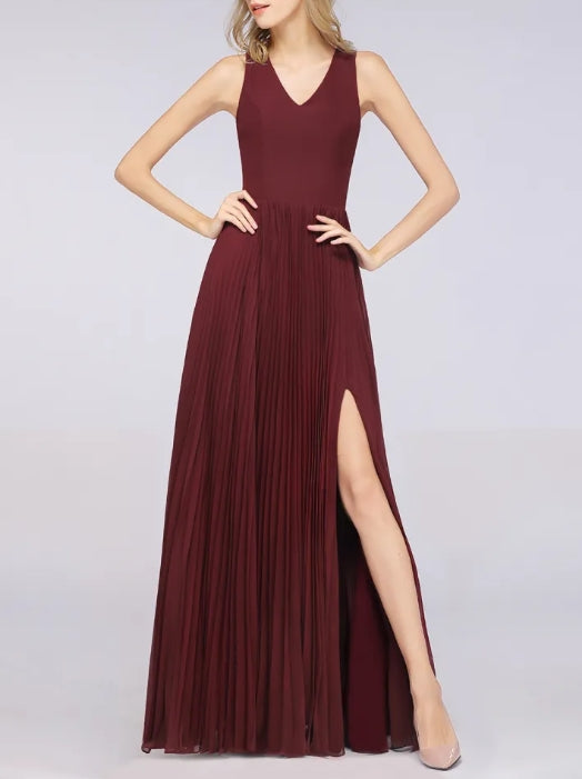 A-Line V-Neck Sleeveless Floor Length Chiffon Bridesmaid Dress with