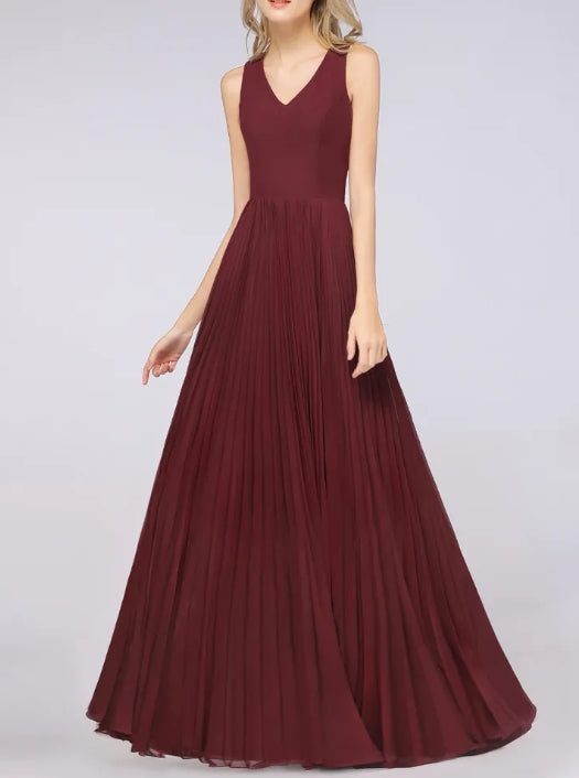A-Line V-Neck Sleeveless Floor Length Chiffon Bridesmaid Dress with