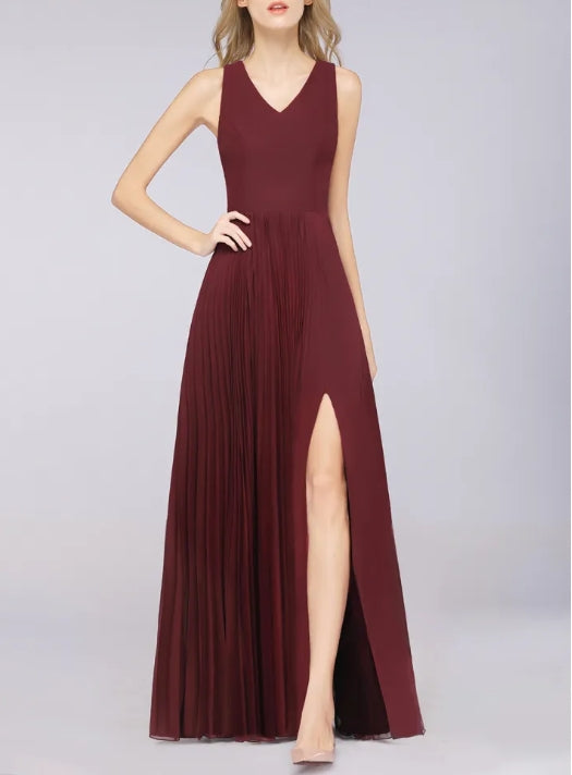 A-Line V-Neck Sleeveless Floor Length Chiffon Bridesmaid Dress with