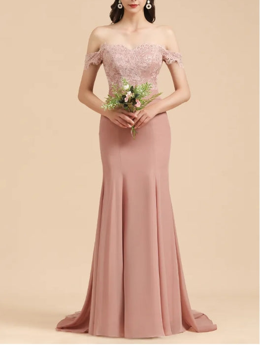 Off the Shoulder Floral Lace Appliques Mermaid Bridesmaid Dress