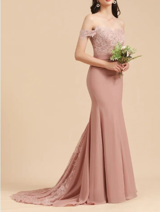 Off the Shoulder Floral Lace Appliques Mermaid Bridesmaid Dress