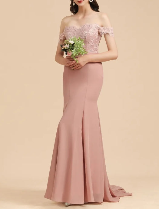 Off the Shoulder Floral Lace Appliques Mermaid Bridesmaid Dress