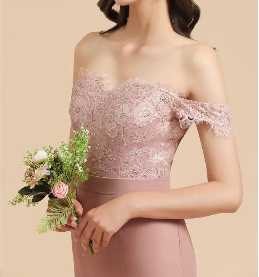 Off the Shoulder Floral Lace Appliques Mermaid Bridesmaid Dress