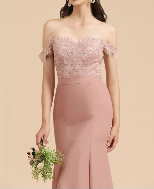 Off the Shoulder Floral Lace Appliques Mermaid Bridesmaid Dress