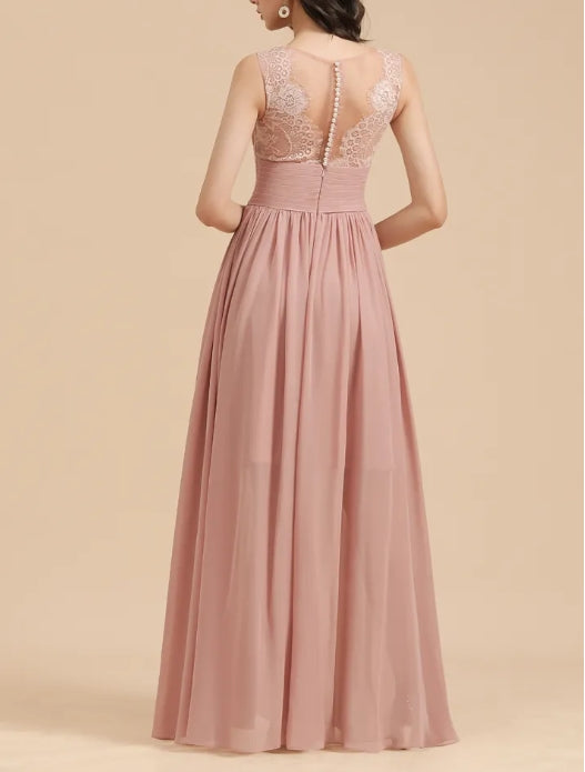 Long A-line Lace Sleevele Chiffon Bridesmaid Dresses