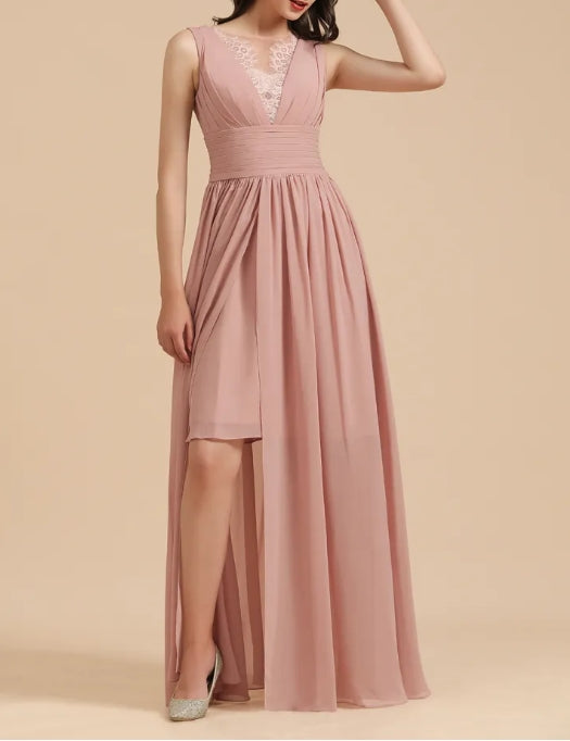 Long A-line Lace Sleevele Chiffon Bridesmaid Dresses