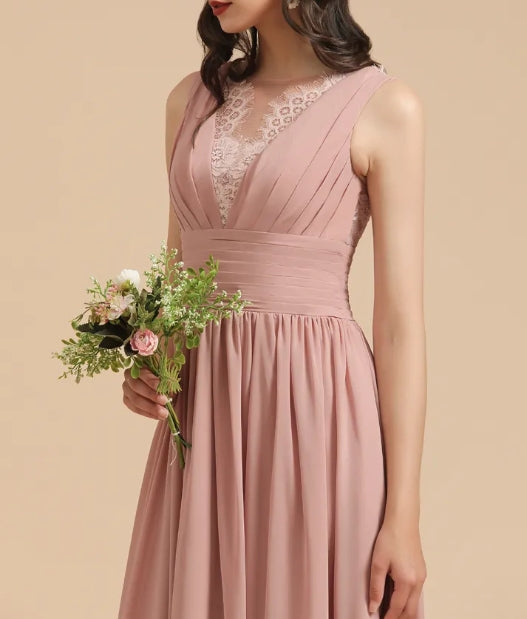 Long A-line Lace Sleevele Chiffon Bridesmaid Dresses