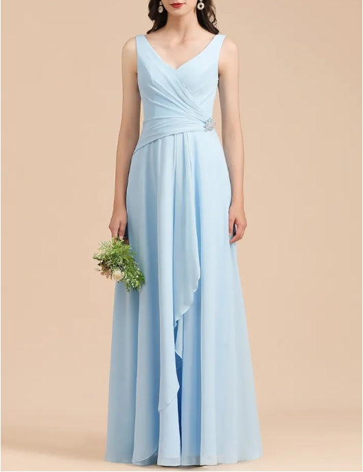 Long A-line V-Neck Ruffle Chiffon Bridesmaid Dress