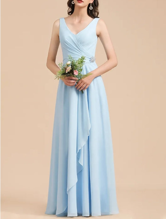 Long A-line V-Neck Ruffle Chiffon Bridesmaid Dress