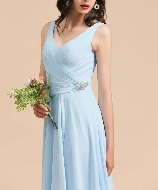 Long A-line V-Neck Ruffle Chiffon Bridesmaid Dress
