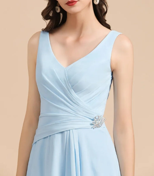 Long A-line V-Neck Ruffle Chiffon Bridesmaid Dress
