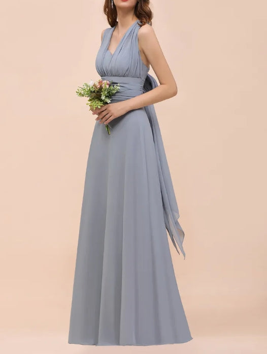 Long A-line V-neck Chiffon Backless Convertible Bridesmaid Dresses