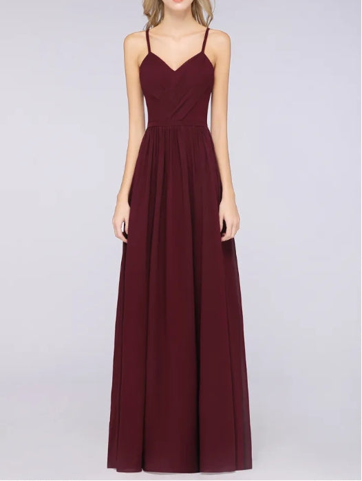 A-Line Spaghetti-Straps V-Neck Sleeveless Floor-Length Bridesmaid Dress with