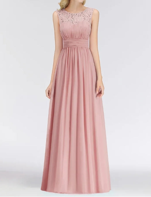 Long Lace Sleeveless Chiffon Scoop Elegant Bridesmaid Dress