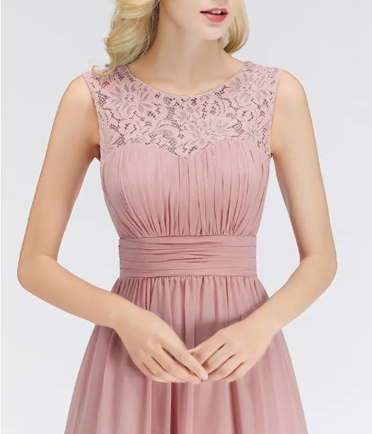 Long Lace Sleeveless Chiffon Scoop Elegant Bridesmaid Dress