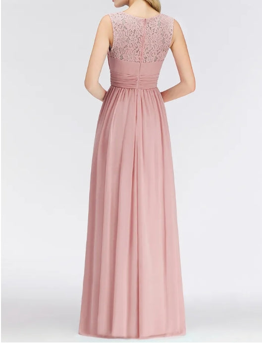 Long Lace Sleeveless Chiffon Scoop Elegant Bridesmaid Dress
