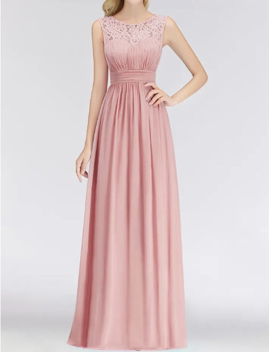 Long Lace Sleeveless Chiffon Scoop Elegant Bridesmaid Dress