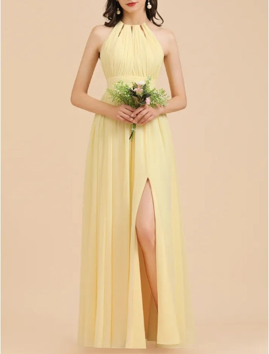 Yellow Halter A-Line Sleeveless Bridesmaid Dress Gown