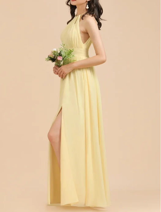 Yellow Halter A-Line Sleeveless Bridesmaid Dress Gown