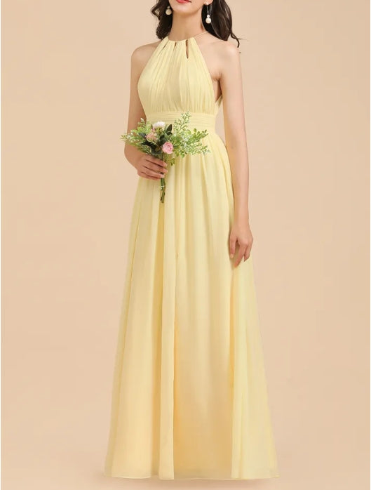 Yellow Halter A-Line Sleeveless Bridesmaid Dress Gown