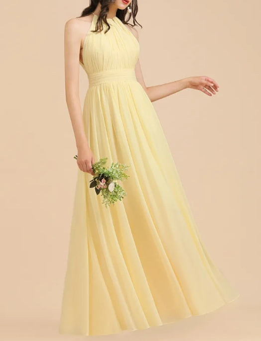 Yellow Halter A-Line Sleeveless Bridesmaid Dress Gown