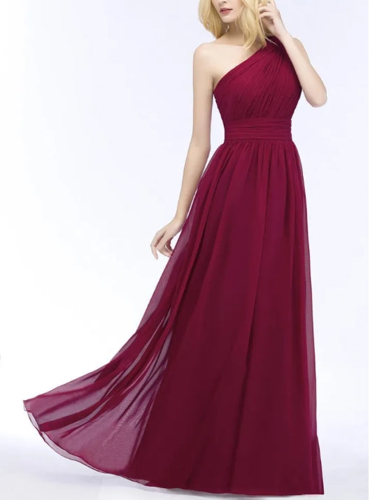 A-line One-Shoulder Bridesmaid Dresses Ruched Long Wedding Bridesmaid Dress