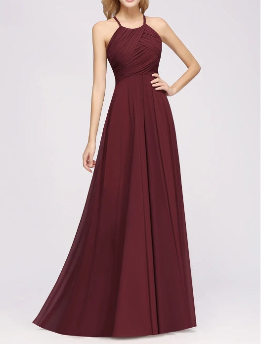 A-Line Halter Ruffles Floor-Length Chiffon Bridesmaid Dress