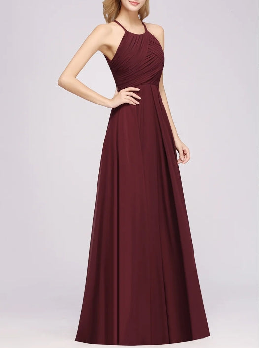 A-Line Halter Ruffles Floor-Length Chiffon Bridesmaid Dress
