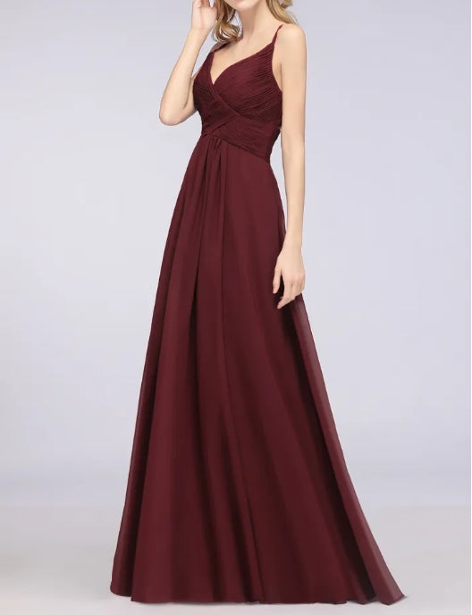 A-Line Spaghetti Straps V-Neck Sleeveless Backless Bridesmaid Dress with Ruffles