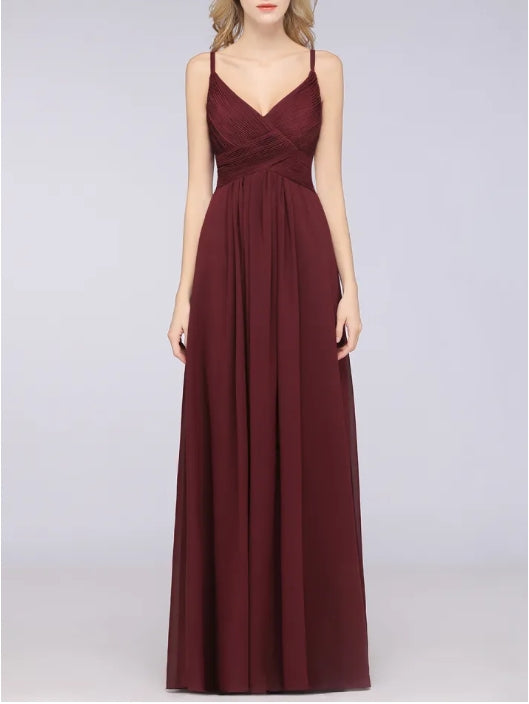 A-Line Spaghetti Straps V-Neck Sleeveless Backless Bridesmaid Dress with Ruffles