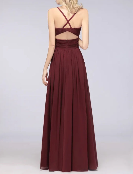 A-Line Spaghetti Straps V-Neck Sleeveless Backless Bridesmaid Dress with Ruffles
