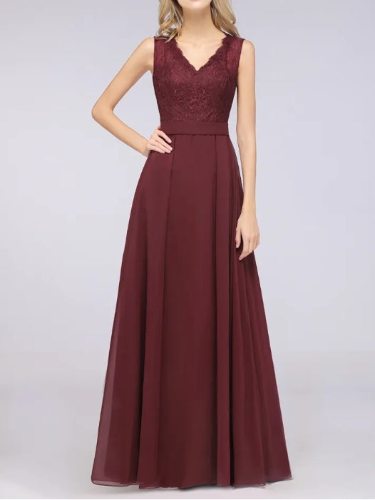 A-Line V-Neck Sleeveless Floor-Length Chiffon Bridesmaid Dress