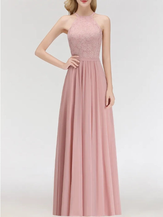 Long A-Line Halter Lace Chiffon Bridesmaid Dresses